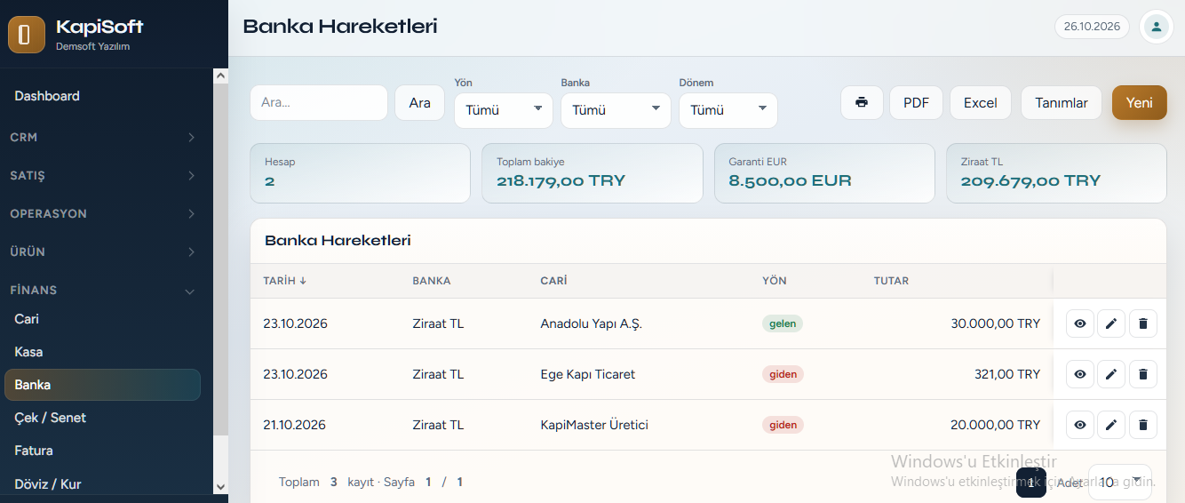 KapiSoft Banka Hareketleri